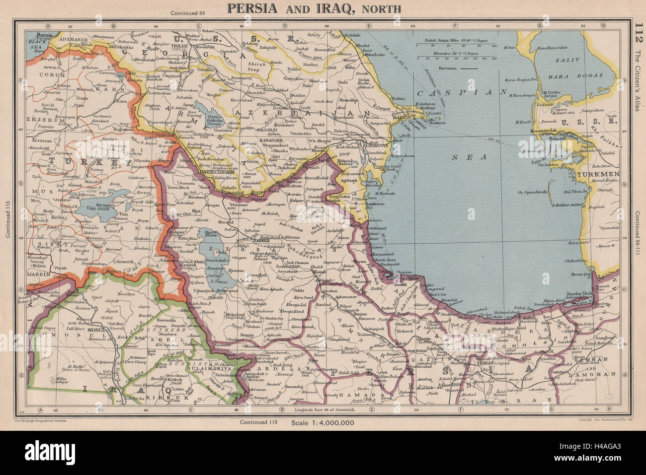El sur del Cáucaso. Persia (Irán) en el norte de Irak. Azerbaiyán, Armenia Turquía 1944 mapa Foto de stock
