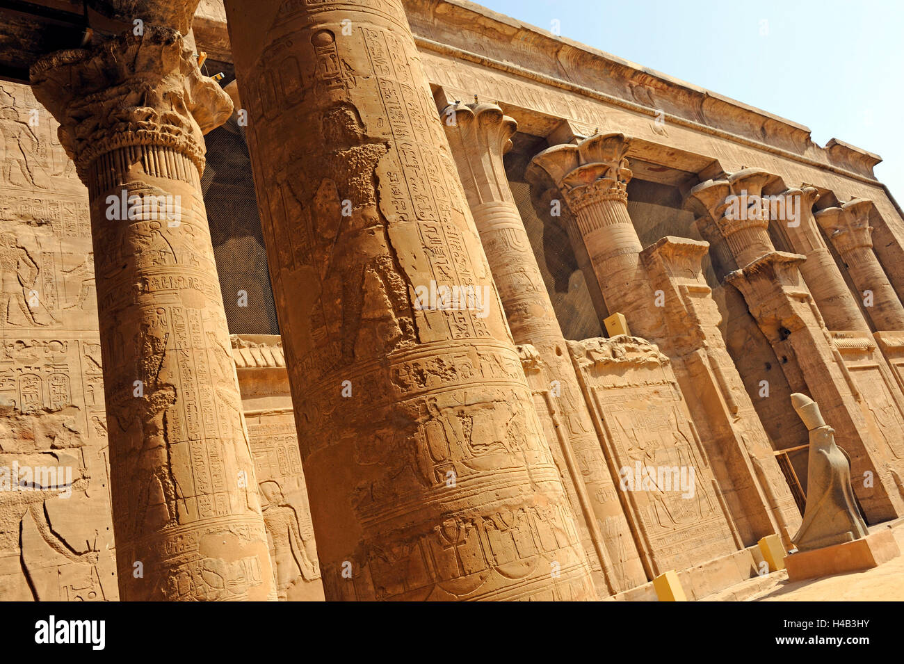 Antique pilares, capiteles vegetales, jeroglíficos, Horus, templo de Edfu, en el Alto Egipto, en la parte delantera, la estatua del dios halcón Horus Foto de stock