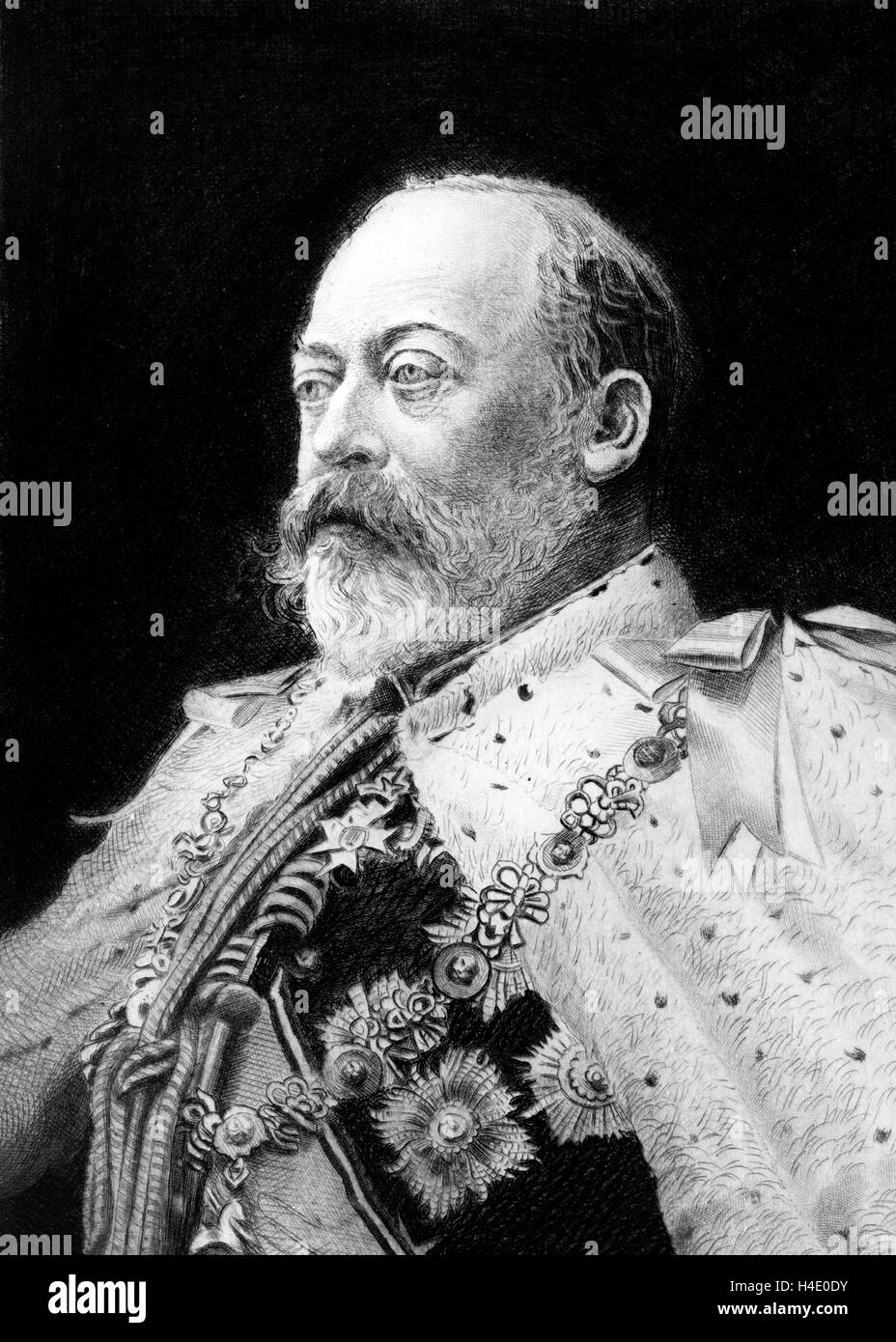 Edward VII. Retrato del Rey Eduardo VII del Reino Unido (1841-1910), quien reinó desde 1901 hasta su muerte en 1910. Grabado por Franz Raubicheck, de una fotografía tomada en 1901. Foto de stock