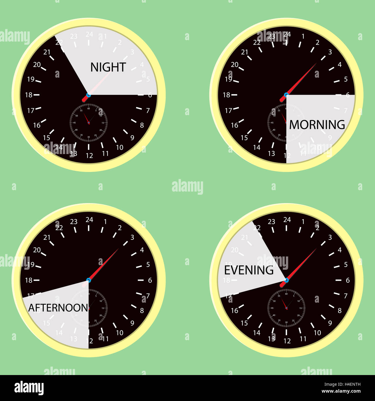 Horas reloj, la hora del día a la mañana, mediodía, tarde, noche. Icono del  ciclo de reloj, de día y de noche. Ilustración vectorial Fotografía de  stock - Alamy