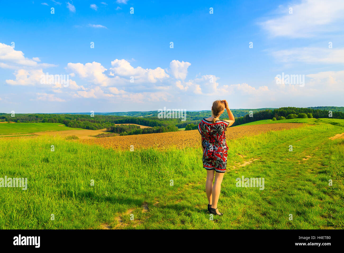 Atractiva mujer joven vistiendo falda de pie en el verde paisaje primaveral, Burgenland, Austria Foto de stock
