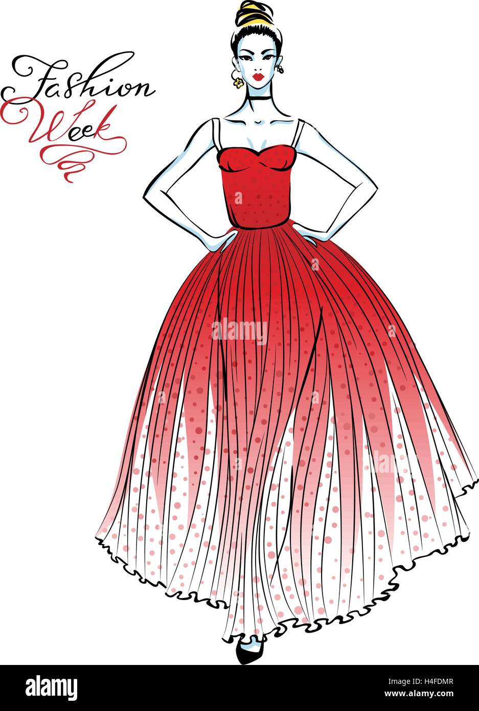 Chica de moda en el vestido rojo Imagen Vector de stock - Alamy