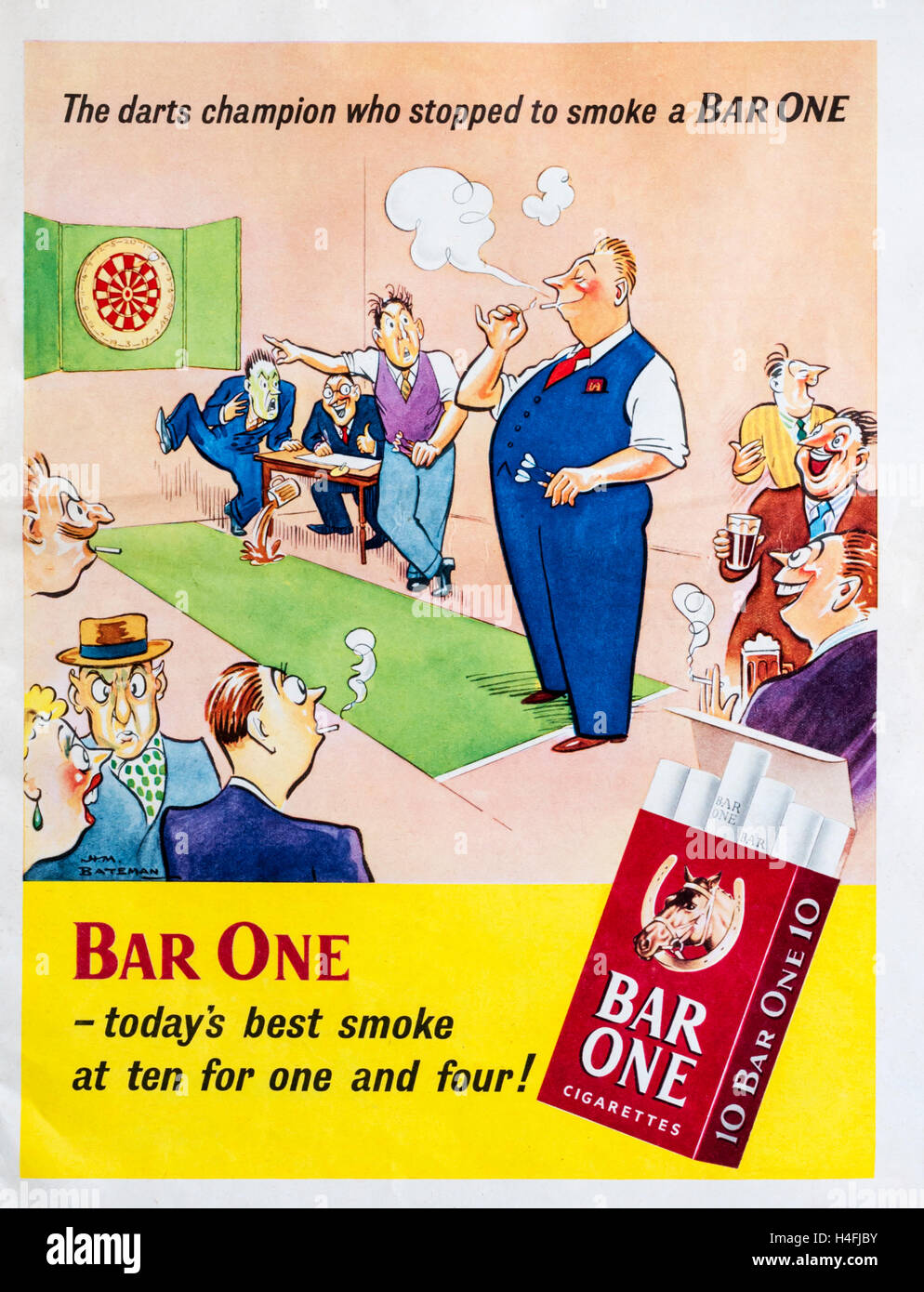 Una revista de 1950 anuncio protagonizado por una caricatura de Bateman publicidad Bar uno de los cigarrillos. Foto de stock