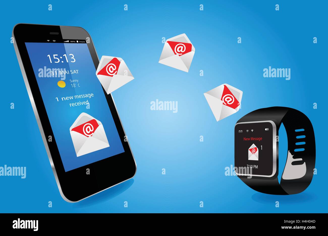 Smartwatch y Smart Phone con un nuevo mensaje en una pantalla. Ilustración del Vector
