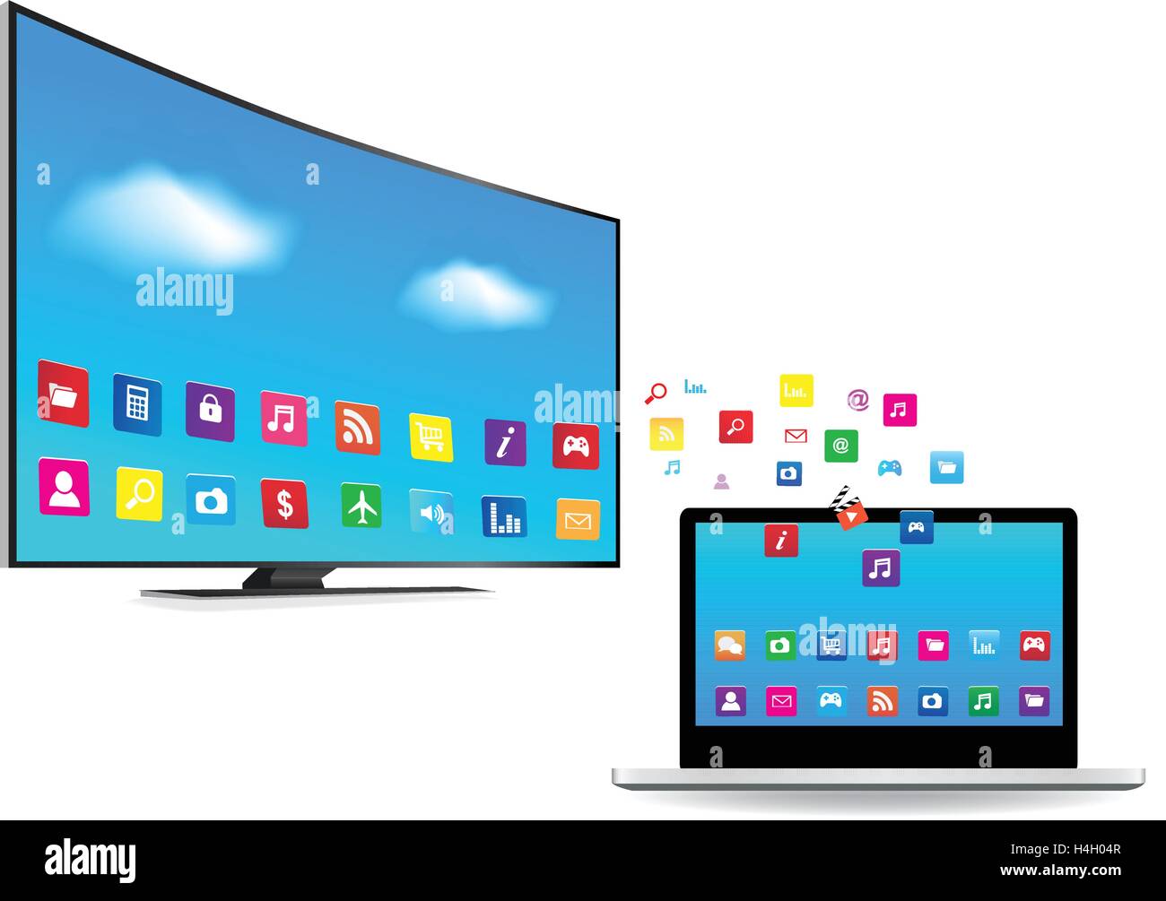 Smart TV y ordenador portátil con aplicaciones Aplicación saliendo desde el  portátil y Smart TV sobre fondo blanco Imagen Vector de stock - Alamy