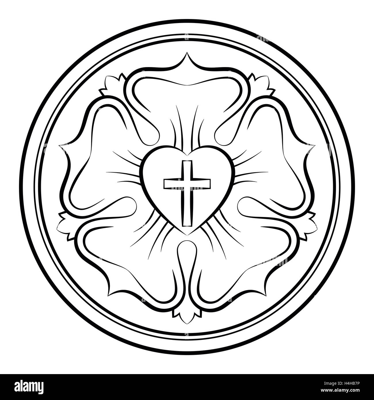 Lutero rose monocromo ilustración caligráfico. También el sello de Lutero, símbolo del luteranismo. Foto de stock