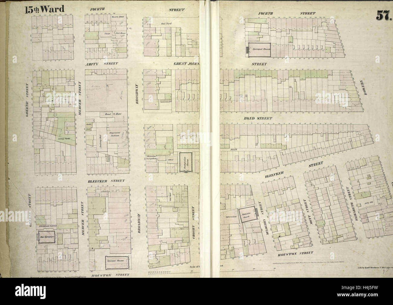 Lámina 57: mapa delimitado por East 4th Street, Bowery, Houston Street, Green Street, Nueva York, EE.UU. Foto de stock