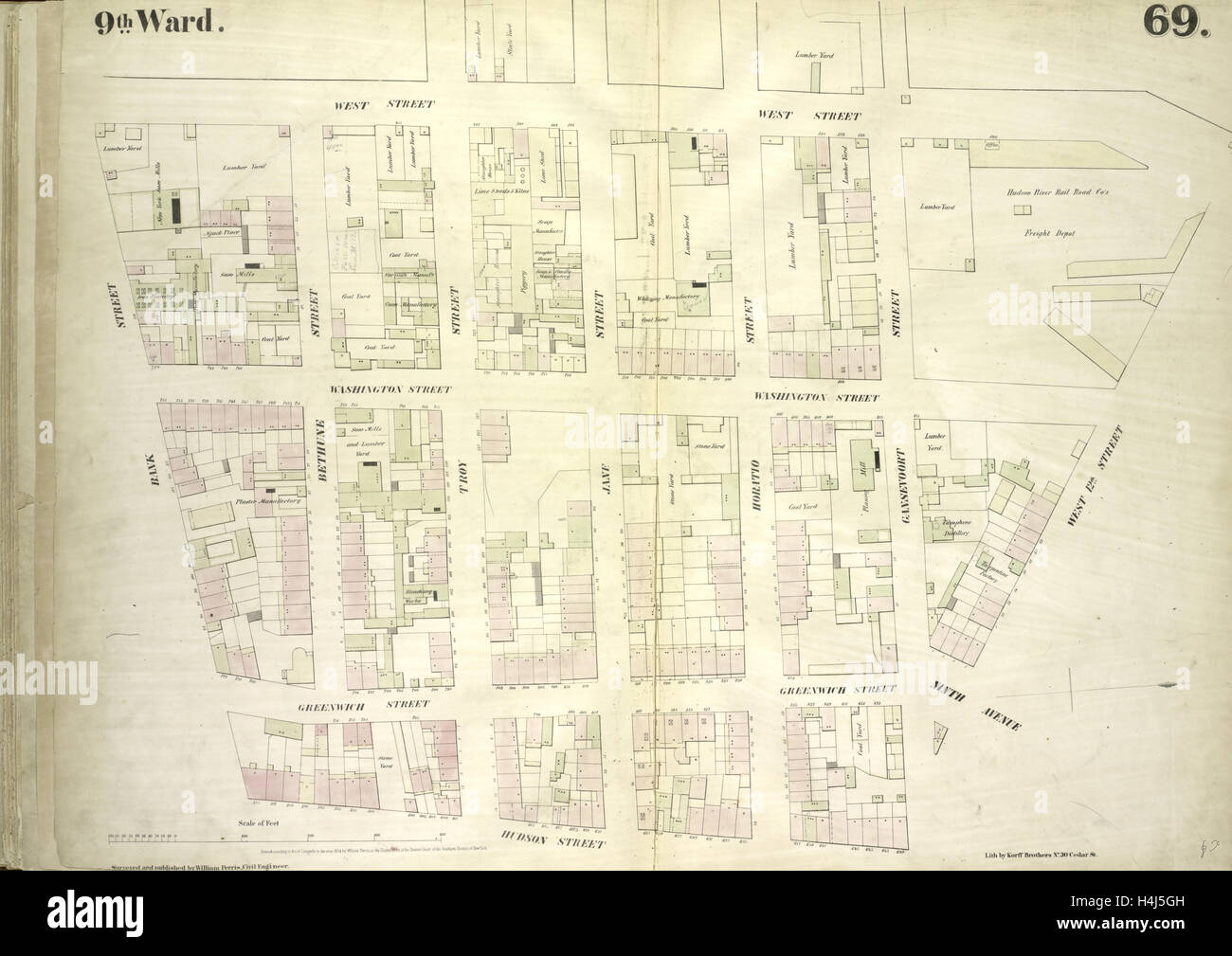 69 de placa: mapa delimitado por West Street, West 12th Street, Hudson Street, Bank Street, Nueva York, EE.UU. Foto de stock