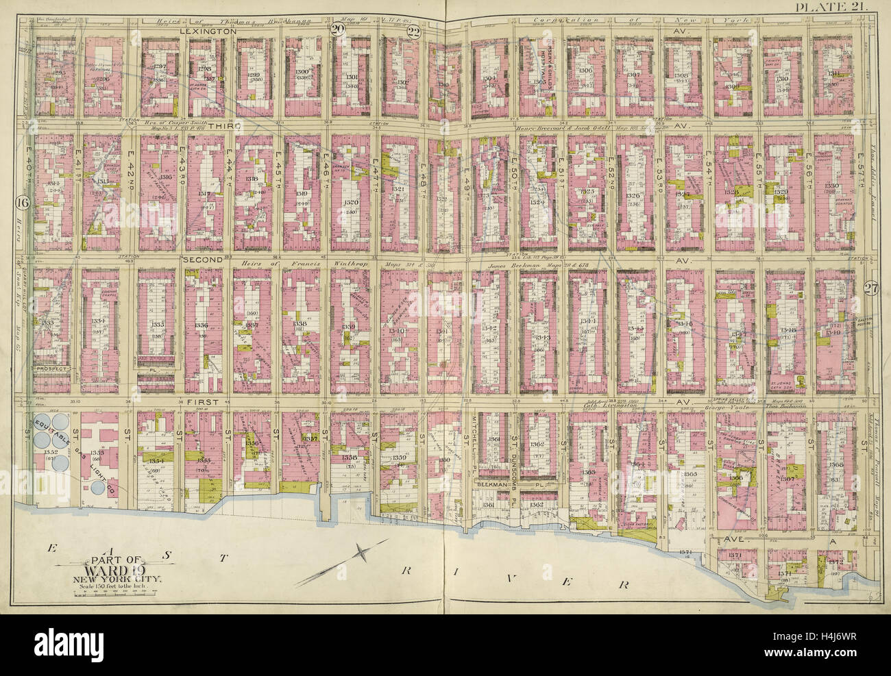 Manhattan, placa de doble página nº 21 mapa delimitado por Lexington Ave., E. 57th St., East River, E. 40th St., Nueva York, EE.UU. Foto de stock