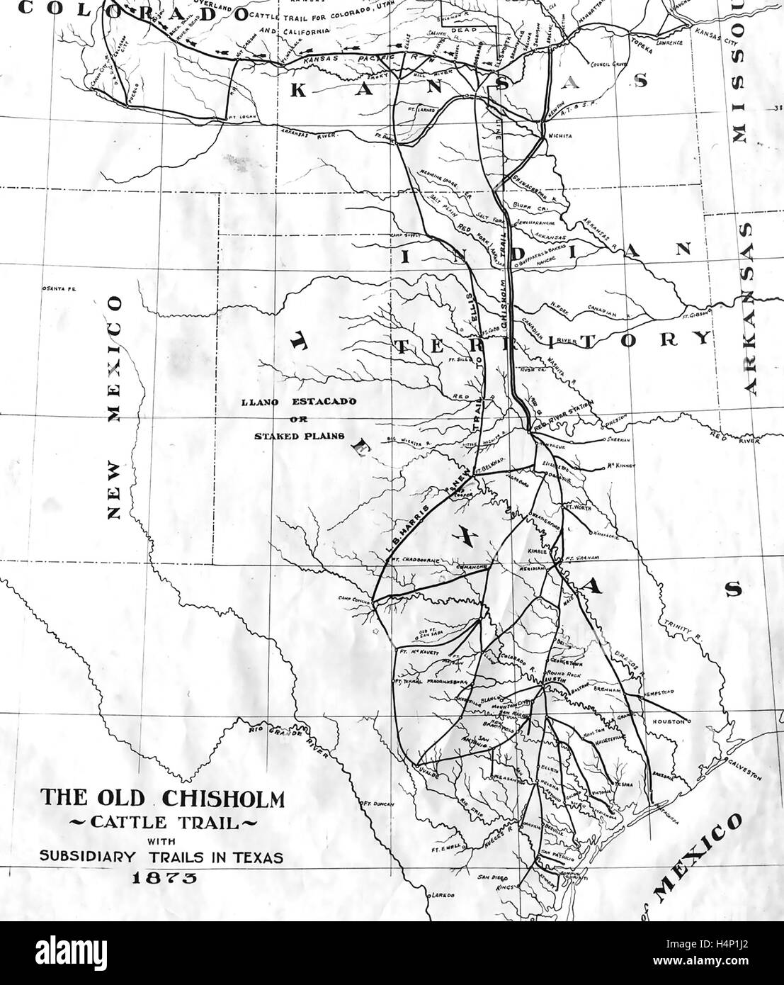 CHISHOLM TRAIL 1873 Mapa que muestra las rutas de conducción de ganado de ranchos en Texas para la Kansas Pacific Railway terminal ferroviaria en Abilene. Cortesía de la Sociedad Histórica de Kansas Foto de stock