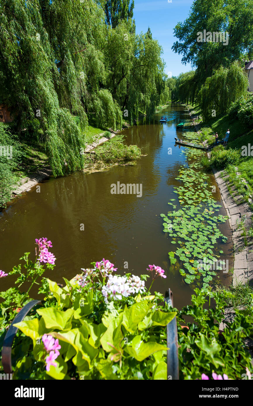 Un canal de Narew río que fluye a través de Pultusk, un pueblo histórico en Mazovia distrito de Polonia. Foto de stock