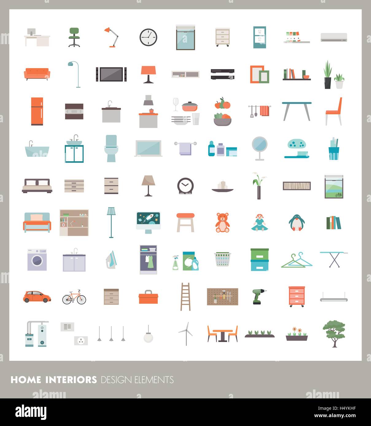 Casa habitación iconos y elementos de diseño de interiores: muebles, objetos y electrodomésticos Ilustración del Vector