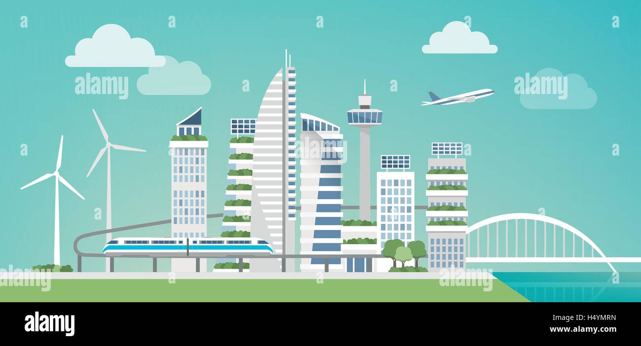 Ciudad verde futurista con turbinas eólicas, rascacielos y monorail, sostenibilidad e innovación concepto Ilustración del Vector