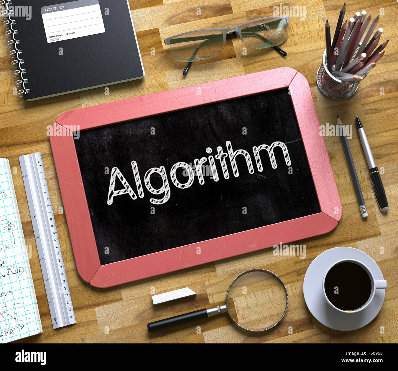 Algoritmo - Texto sobre la pequeña pizarra. 3D. Foto de stock