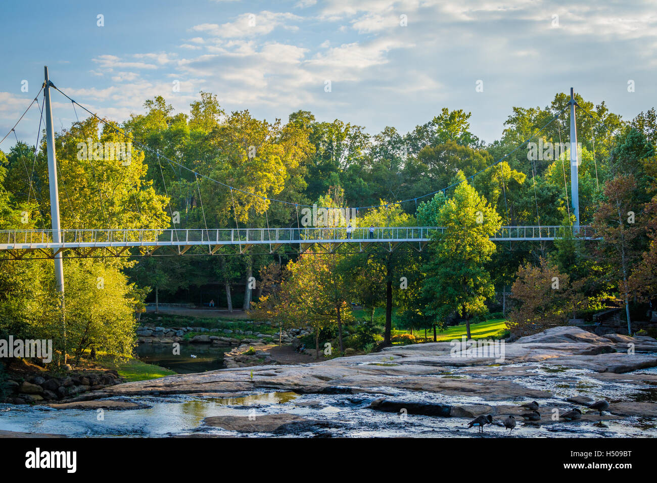 Puente en el Parque de las cataratas en el Reedy, en Greenville, Carolina del Sur. Foto de stock