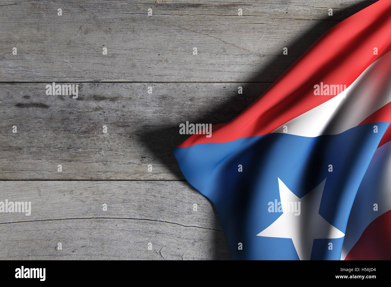 Representación 3D de la Commonwealth de Puerto Rico bandera ondeando sobre fondo de madera Foto de stock