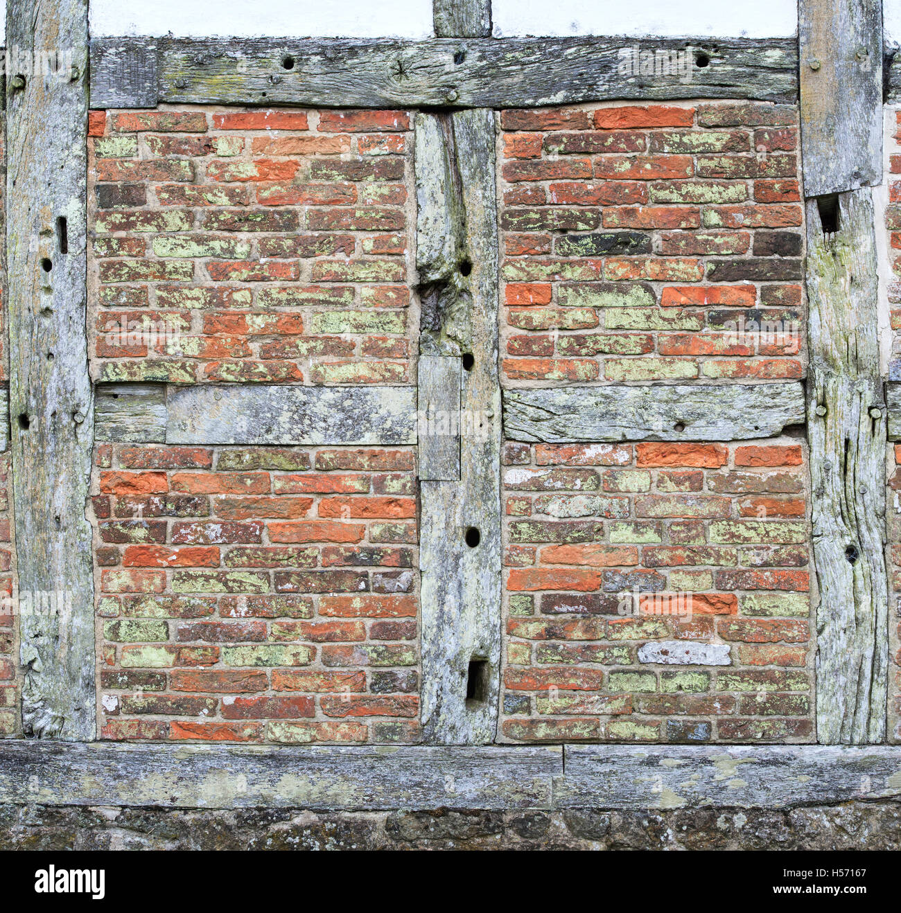 Bastidor de madera y ladrillo de la pared de la casa detalle Weald y cerros open air museum, Singleton, Sussex, Inglaterra Foto de stock