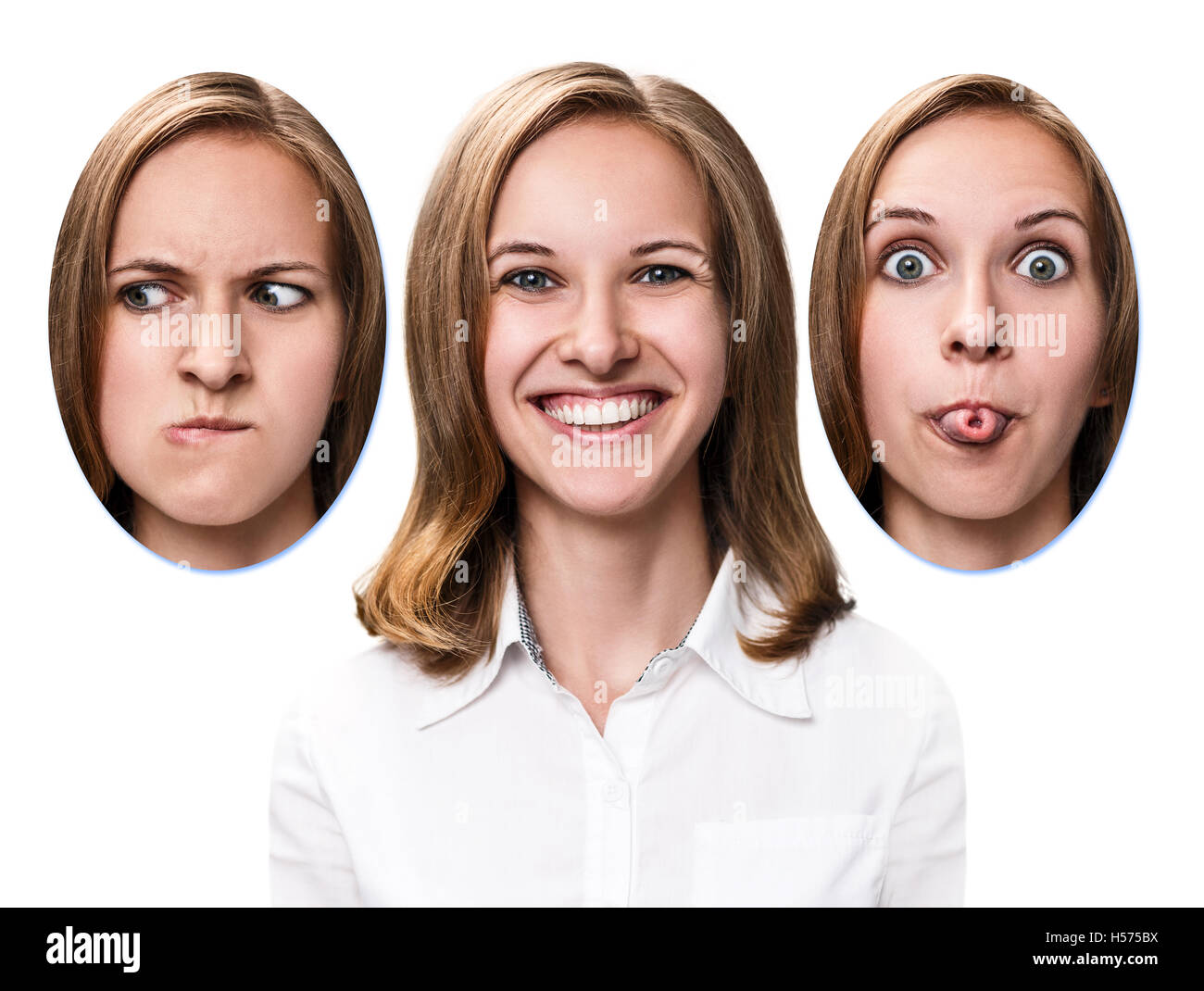 Joven cambia su cara retratos. Foto de stock