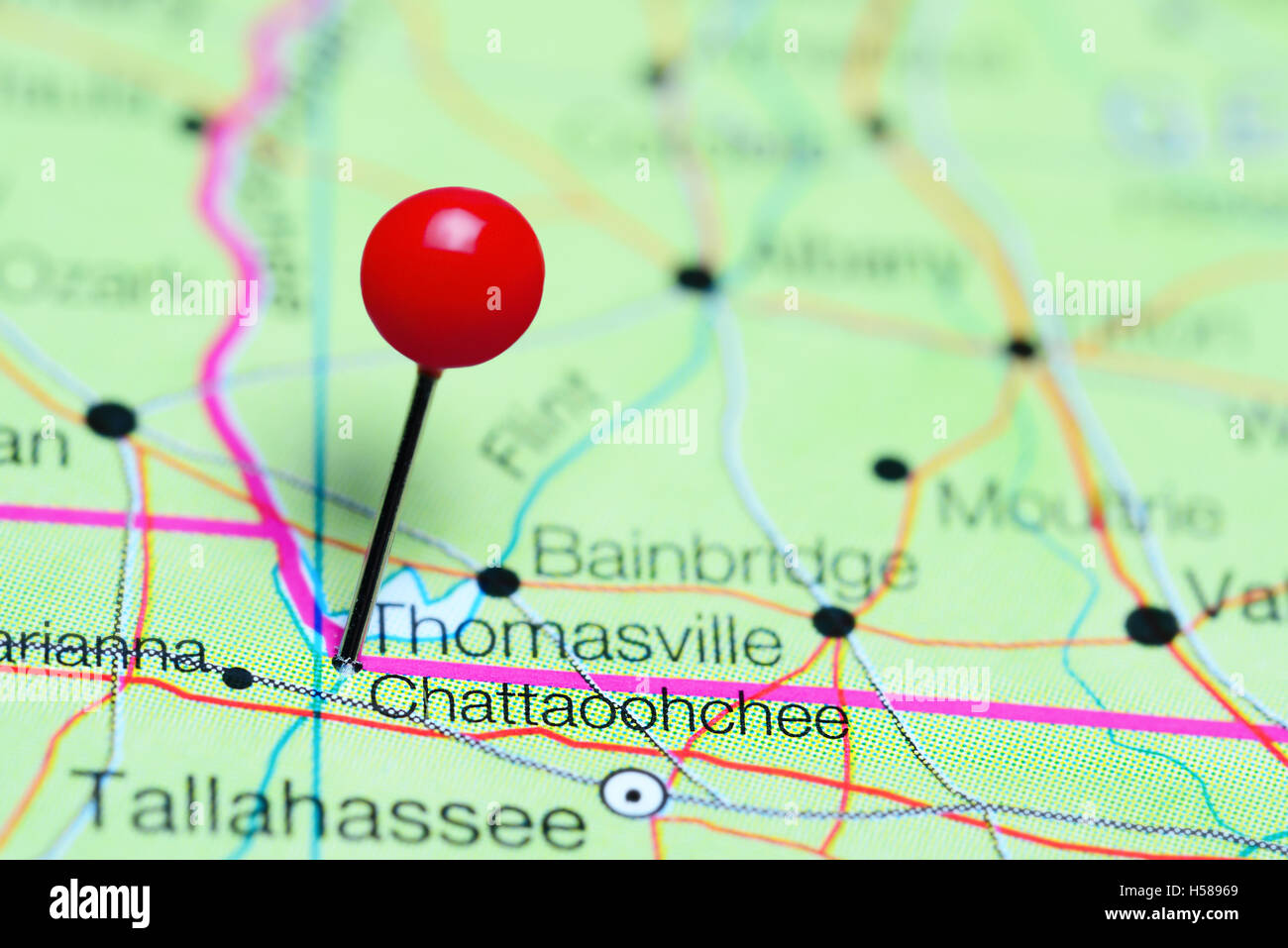 Chattaoohchee anclado en un mapa de Florida, EE.UU. Foto de stock
