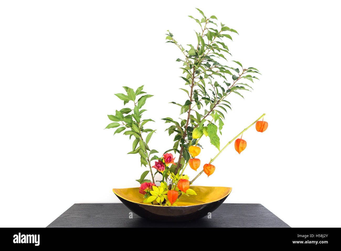 Otoñal arreglo floral japonés (ikebana) con physalis Foto de stock