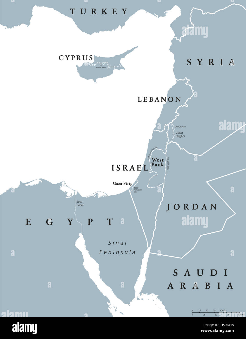 Los países del Mediterráneo oriental mapa político con fronteras nacionales. Unidas al este del Mar Mediterráneo, también Levant. Foto de stock