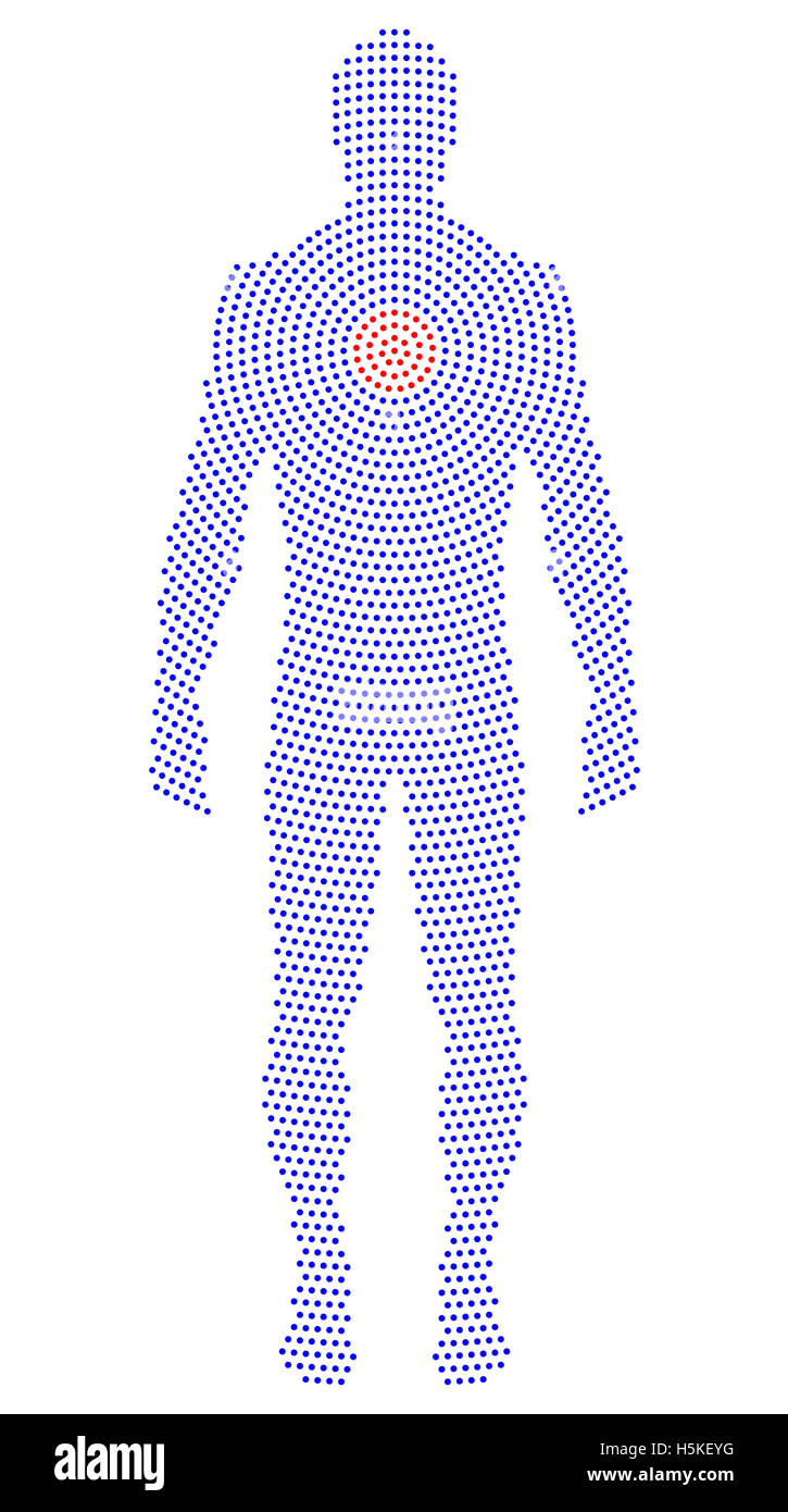 Silueta de un cuerpo vertical con patrón de puntos radiales. Formado por puntos azules comenzando con puntos rojos desde el corazón. Foto de stock