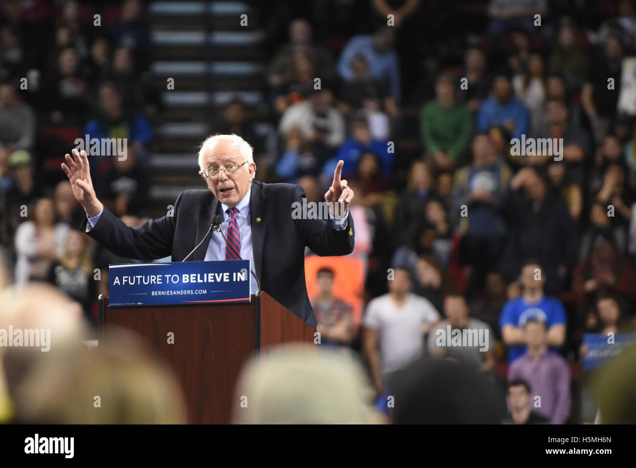 El senador Bernie Sanders se dirige a la multitud a creer en el futuro Rally el 20 de marzo de 2016 en Seattle, Washington. Foto de stock