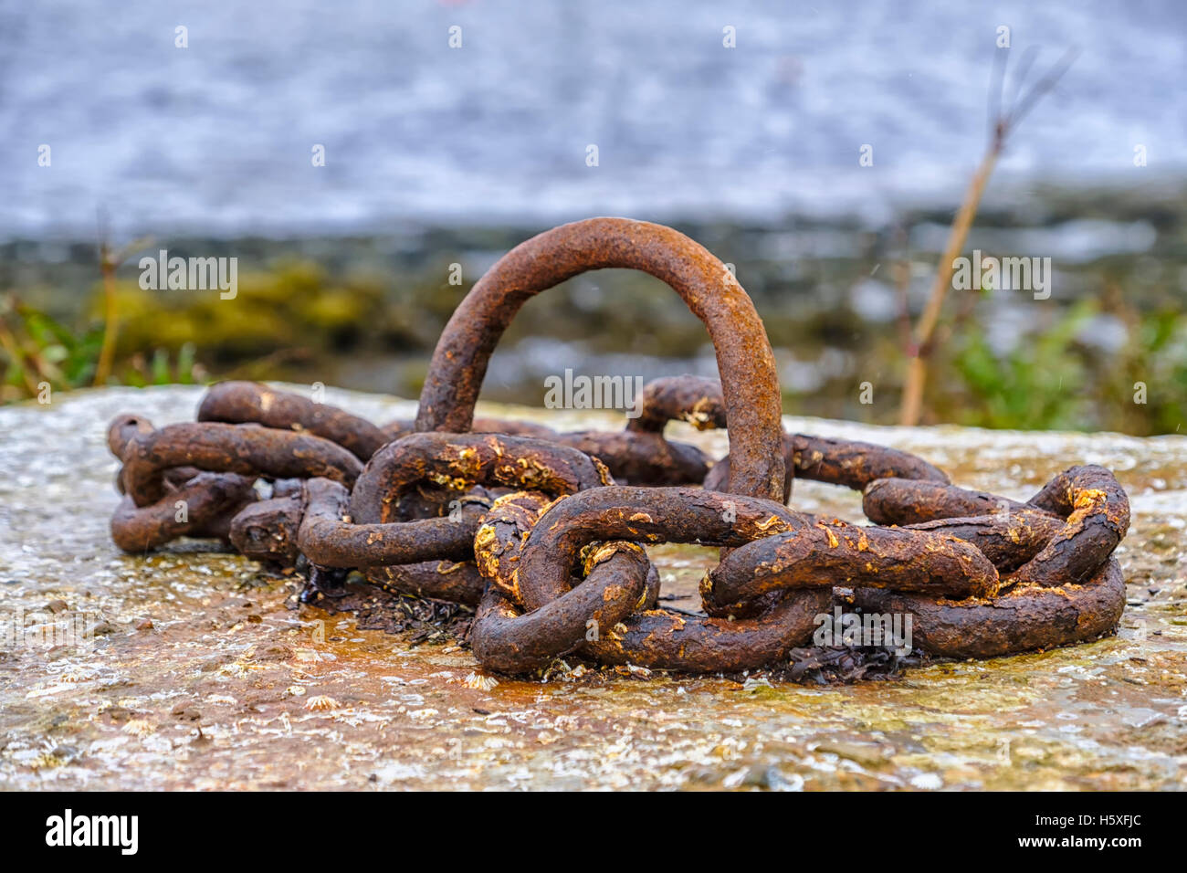Metal oxidado viejo punto de amarre con cadena fijada al bloque de cemento en el muelle Foto de stock