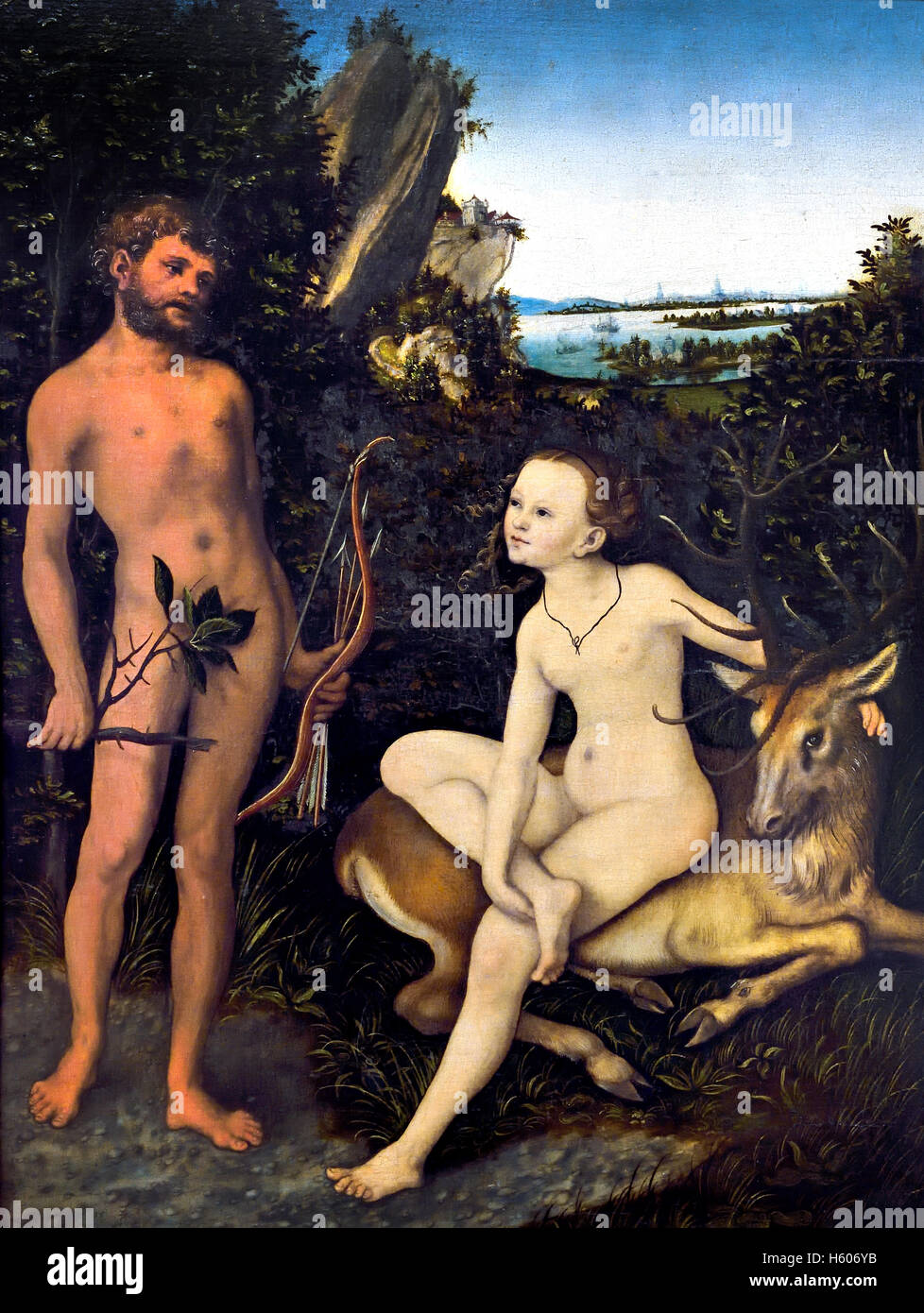 Apolo y Diana en el paisaje boscoso 1530 Lucas Cranach 1472 - 1553 ALEMÁN Alemania ( Apolo, dios de la música - Diana Diosa de la caza es una historia de la antigua mitología griega ) Foto de stock