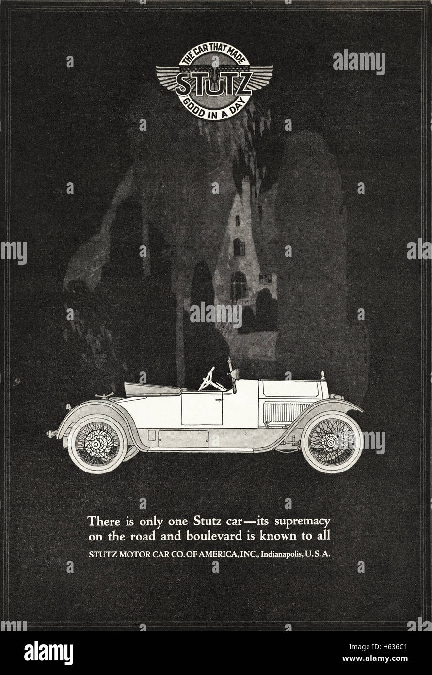 1920 Anuncio Anuncio desde antiguo original vintage revista americana de fecha 1921 publicidad coches nuevos por Stutz Coche Motor Co de America Inc Indianapolis USA 20s Foto de stock