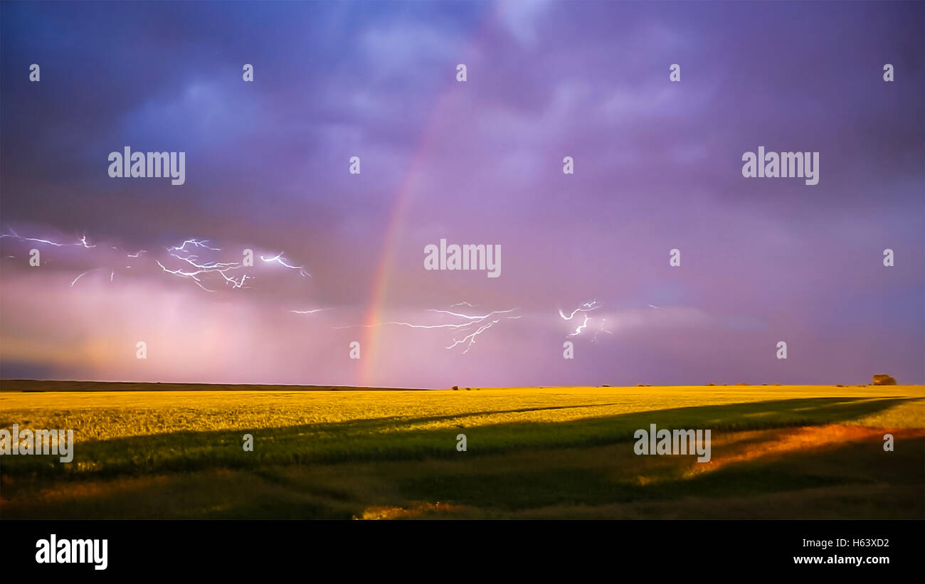 Relámpagos y un arco iris al atardecer en una tormenta retrocediendo a través de las praderas de Alberta, 18 de julio de 2016. Hay un débil o Foto de stock