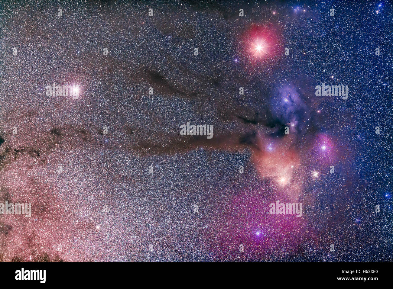 Mars (en la parte superior) y Saturno (a la izquierda) en Escorpio (o por ahí - Saturno es técnicamente en Ofiuco) arriba Antares y la oscuridad Foto de stock