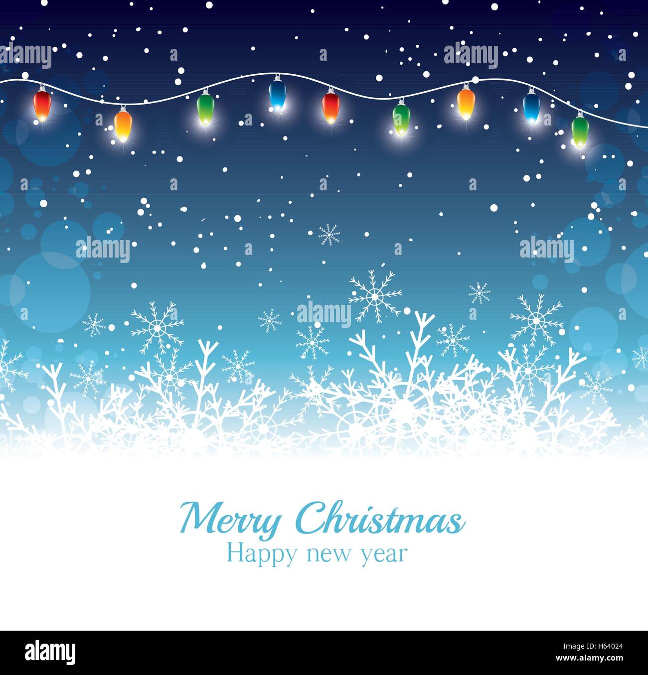 Feliz Navidad Feliz año nuevo tarjeta luces garland diseño nieve fondo azul  Imagen Vector de stock - Alamy