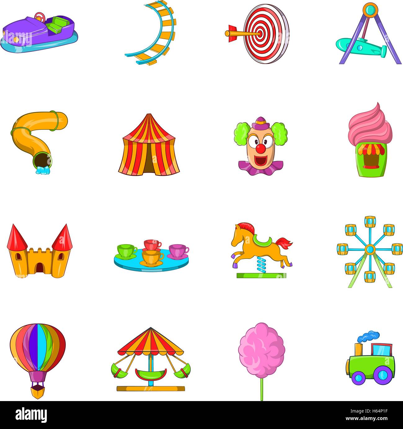 El parque de diversiones, conjunto de iconos de estilo de dibujos animados  Imagen Vector de stock - Alamy