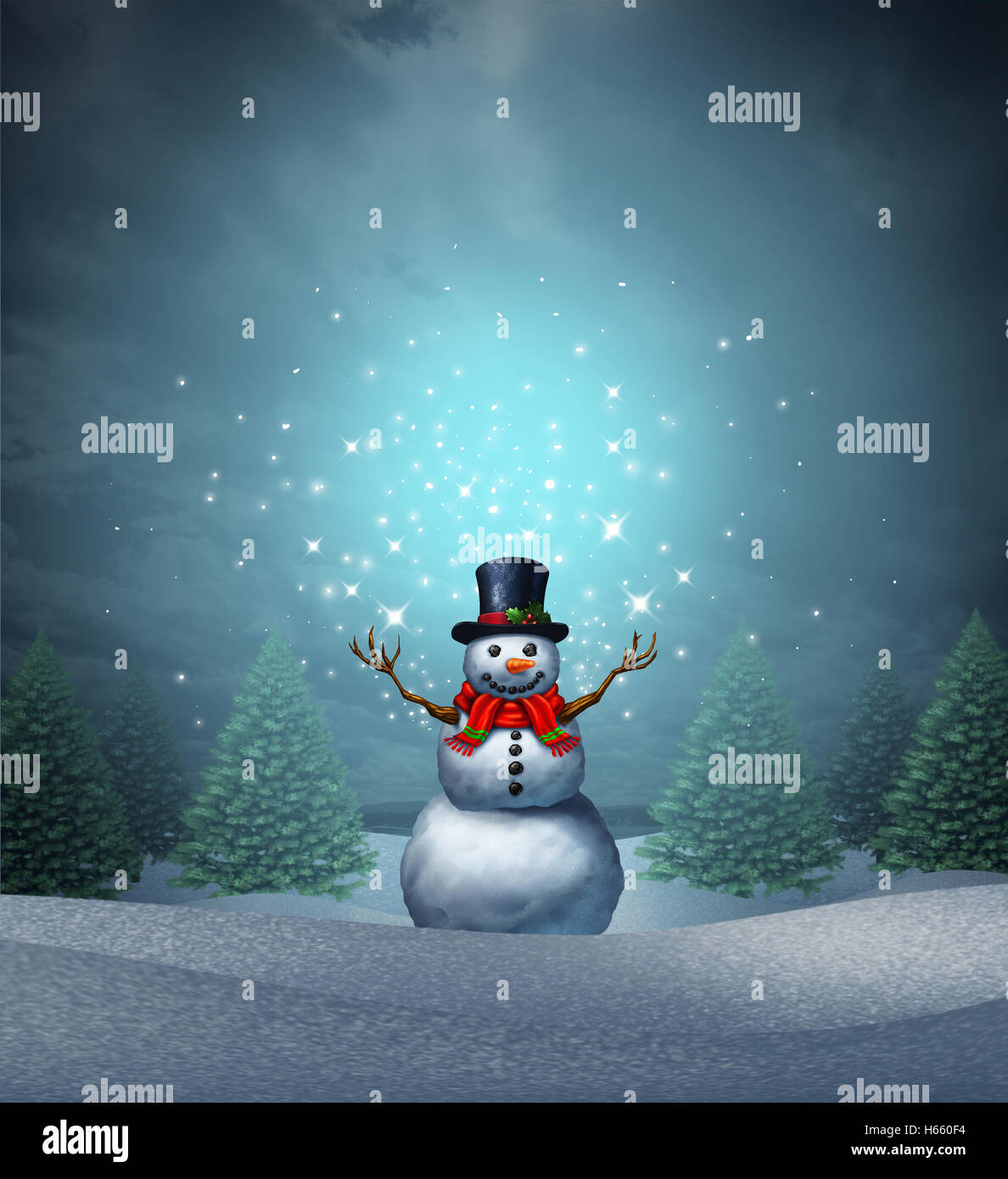 Snowman mágicas vacaciones de invierno como una feliz navidad y un próspero año nuevo tarjeta de felicitación con un lindo feliz personaje de nieve Foto de stock