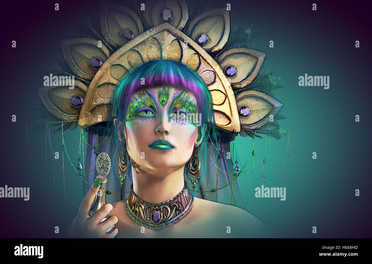 Gráficos 3D por computadora del retrato de una dama con tocado y maquillaje en fantasy style Foto de stock