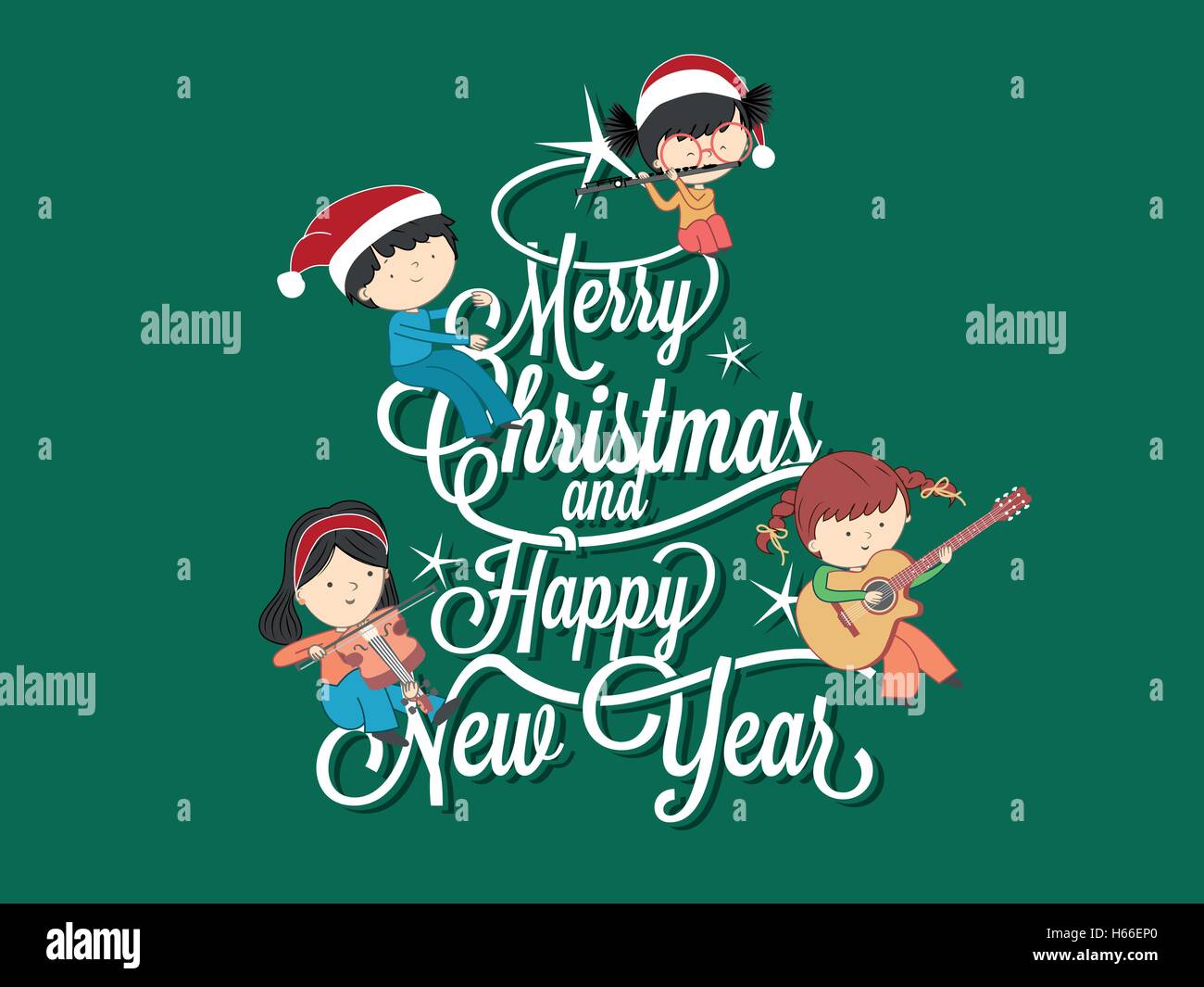 Niños jugando música en Merry Christmas tree rotulación con fuente  caligráfica Imagen Vector de stock - Alamy
