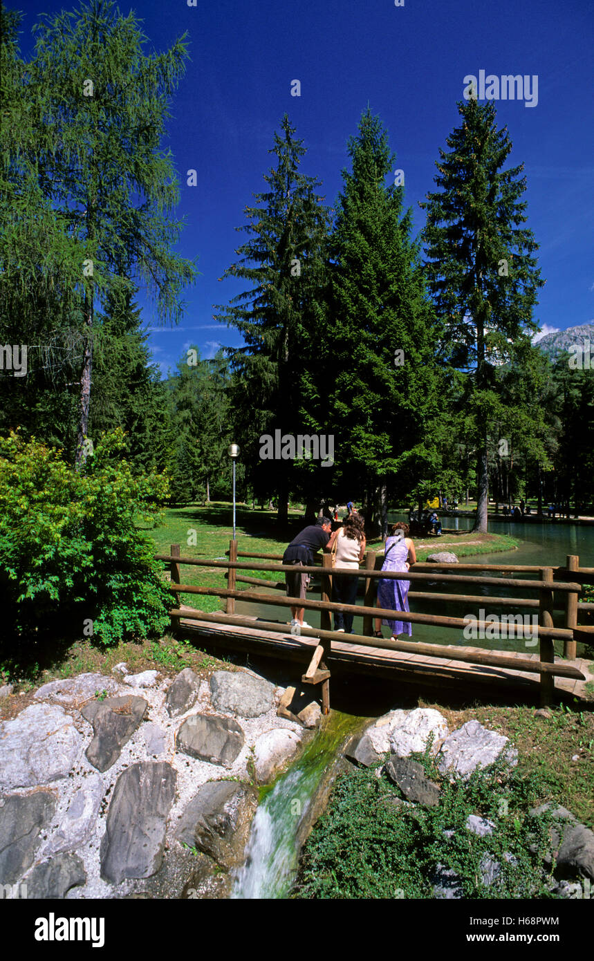 Un pequeño puente con la gente cerca de un pequeño lago, Forni di Sopra, Dolomiti Friulane Carnia, Parque Natural, Friuli-Venezia Giulia, Italia Foto de stock