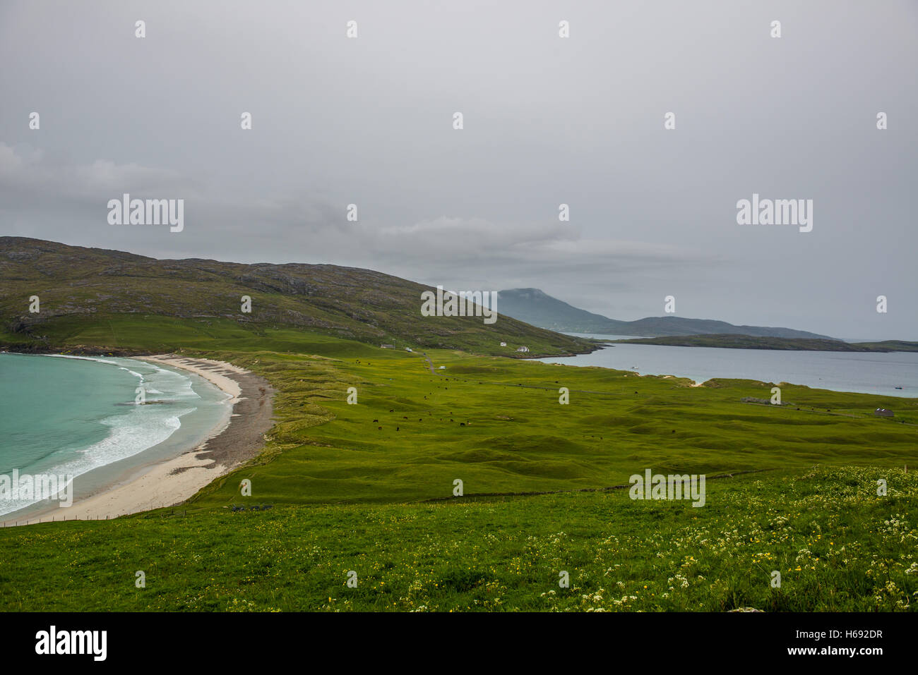 Una playa en la isla de Vatersay en el exterior Hebradies, Escocia. Foto de stock