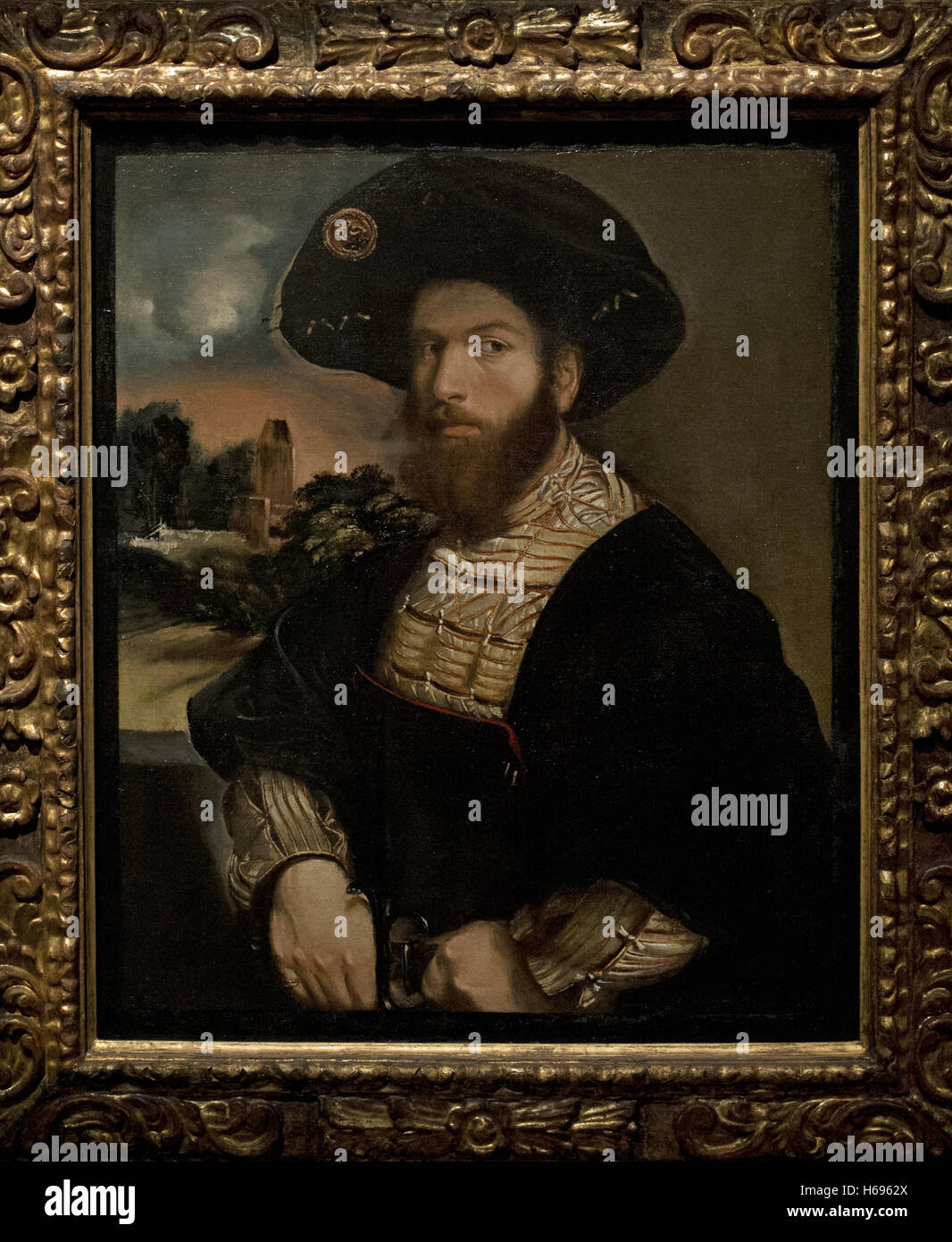Dosso Dossi (Giovanni di Niccolo Luteri) (c.1490-1542). Pintor italiano. Retrato de un hombre que llevaba una boina negra. Museo Nacional. Estocolmo. Suecia. Foto de stock