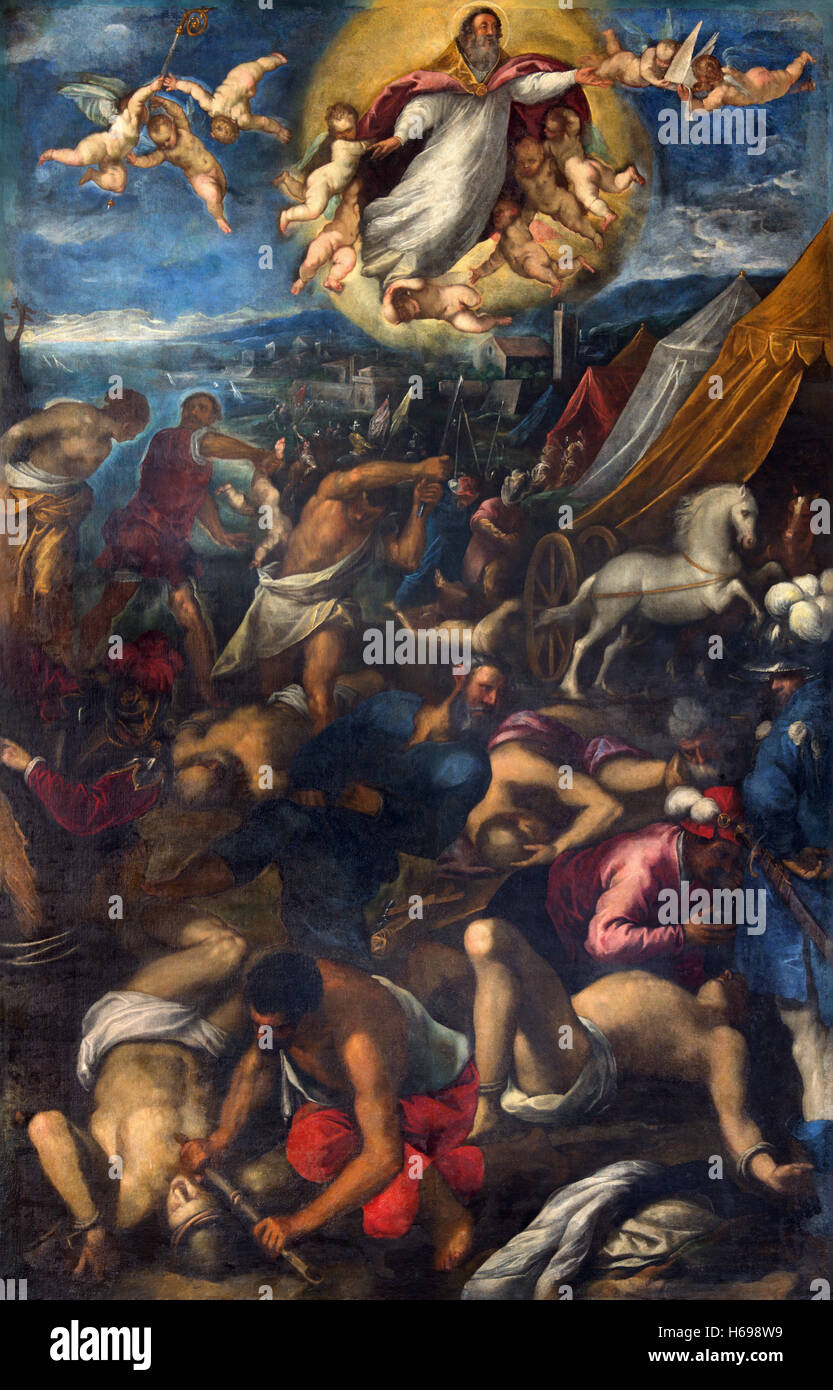 BRESCIA, Italia - 23 de mayo de 2016: la pintura de la batalla por el artista desconocido en la iglesia de Sant'afra (17%). Foto de stock