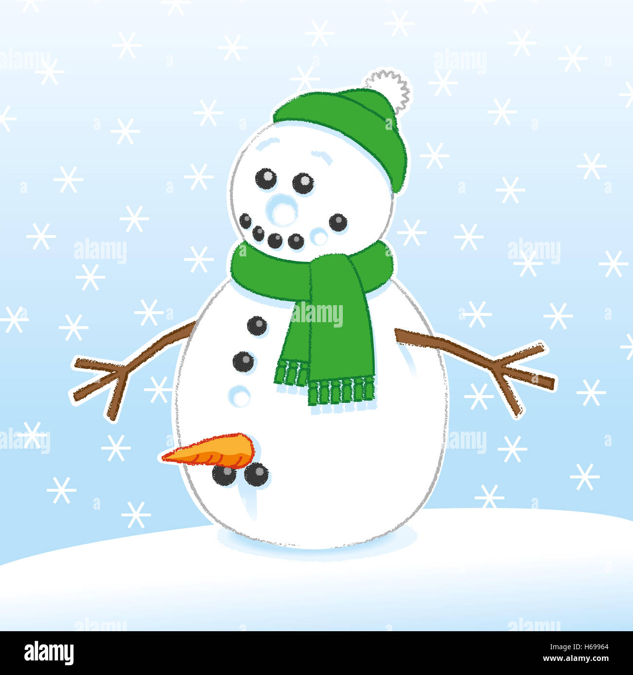 Feliz sorpresa chiste grosero muñeco de nieve con la zanahoria y el carbón  genitales llevar bufanda verde y gorro de Papá Noel en nevando Antecedentes  Fotografía de stock - Alamy