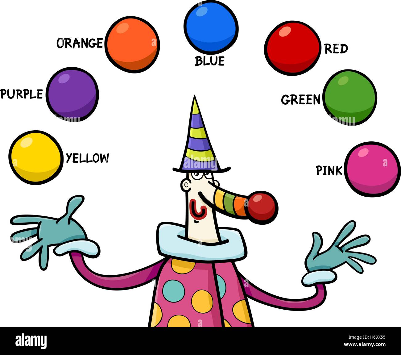 Ilustración de dibujos animados de colores primarios actividad educativa para  niños con carácter de payaso Imagen Vector de stock - Alamy