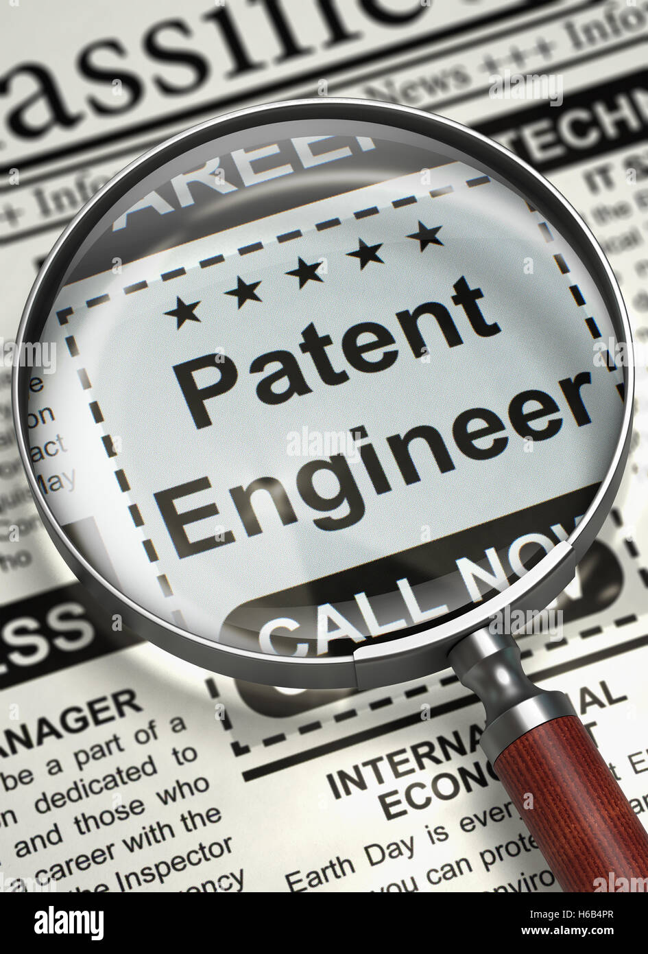 Estamos contratando a Ingeniero de patentes. 3D. Foto de stock