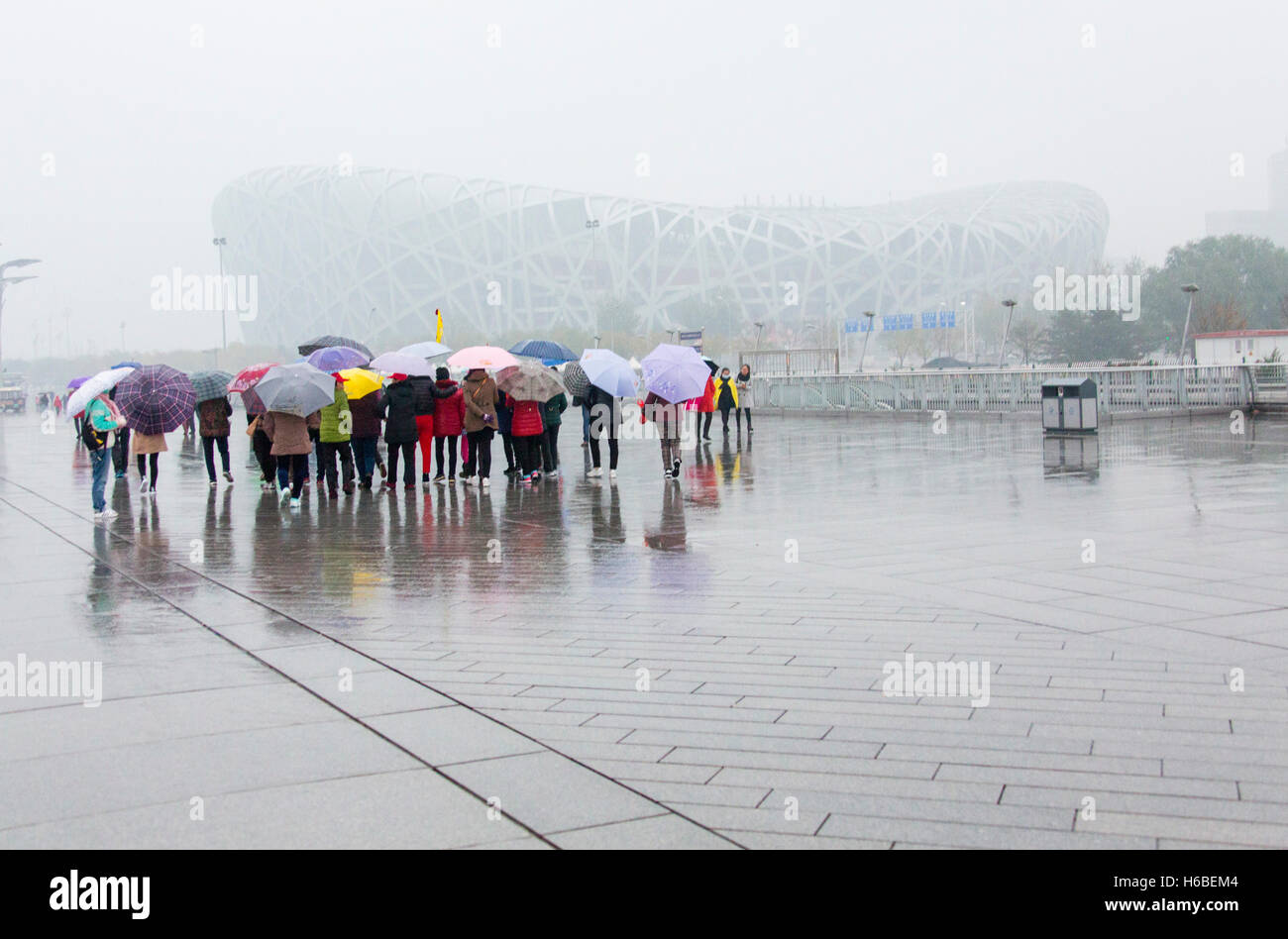 El Estadio Olímpico Nacional de Beijing, el Nido de pájaro, en la lluvia y la niebla Foto de stock