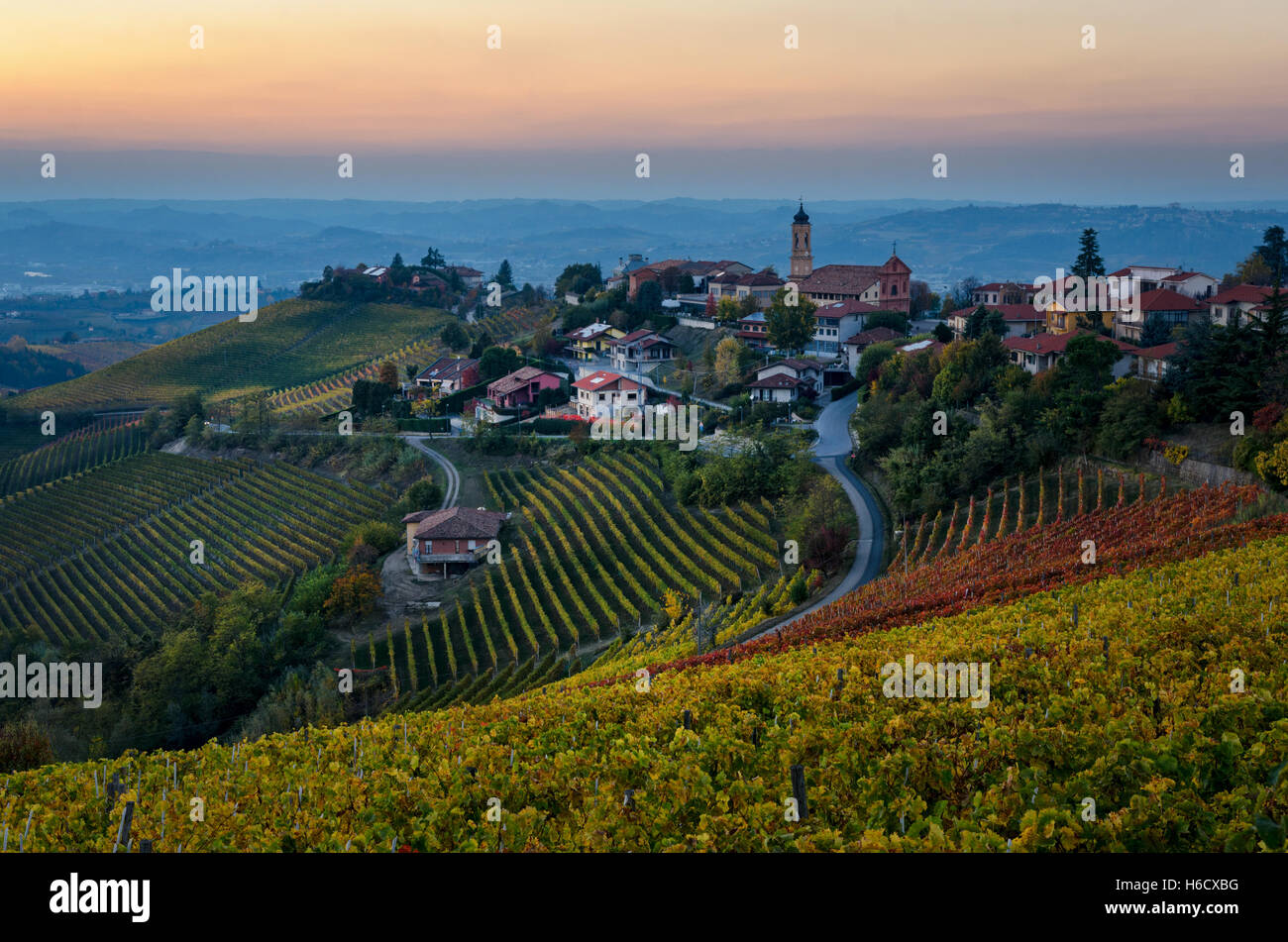 Le Langhe - Treiso y paisaje en colores de otoño al atardecer Foto de stock