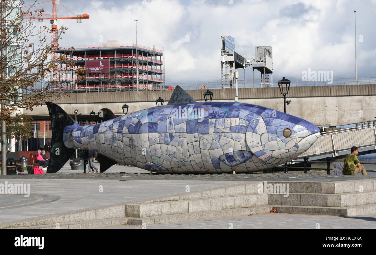 Los grandes peces escultura en el Lagan Weir en Belfast. En el fondo City Quays 2 está en construcción en el puerto de Belfast. Foto de stock
