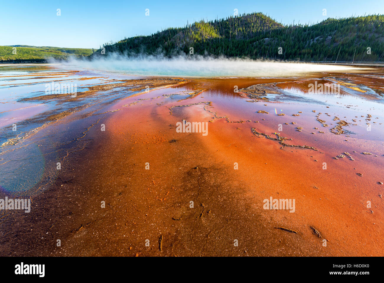 Colorido paisaje de mat y bacterias en el Grand Prismatic Spring, en el Parque Nacional de Yellowstone. Foto de stock