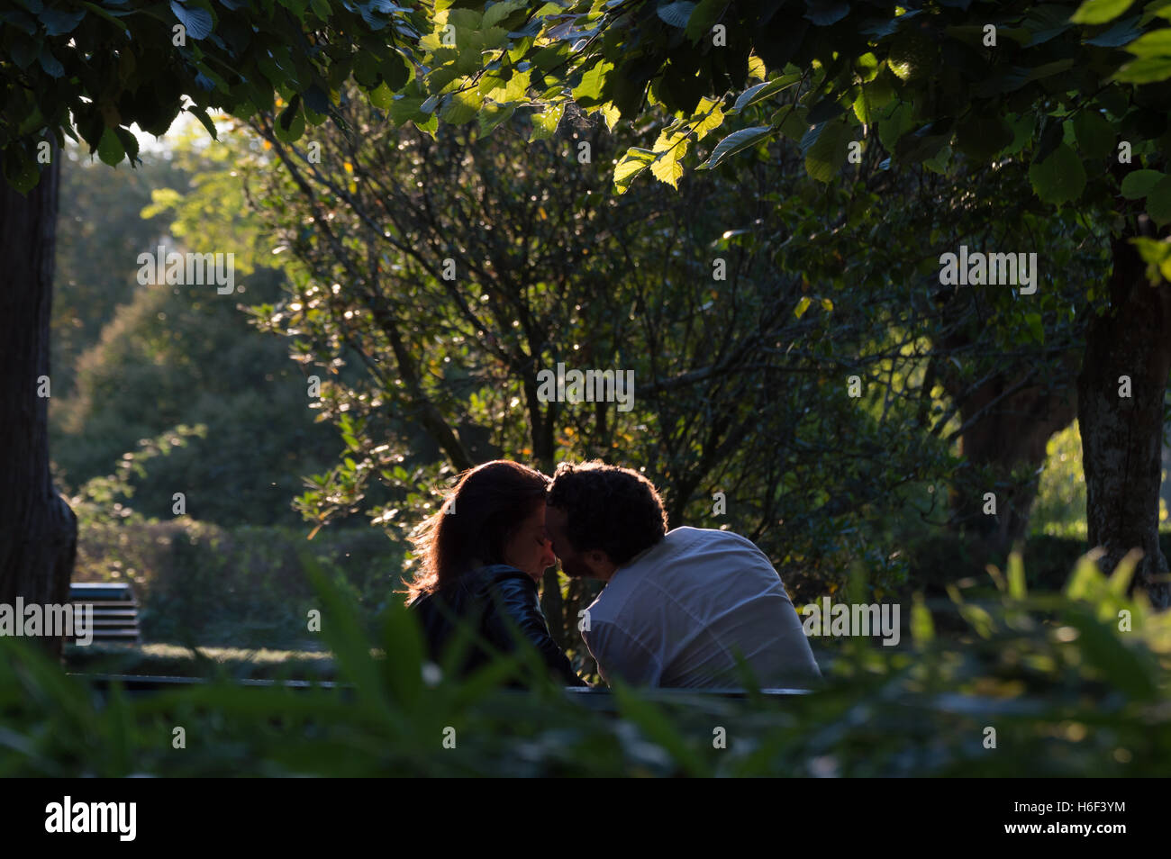 Momento romántico en el parque. pareja besándose bajo la luz del