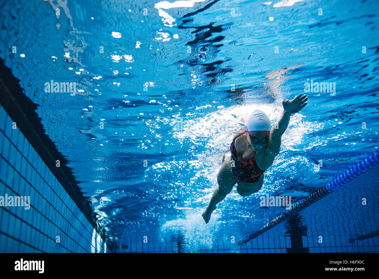 Filmación subacuática del joven delantero de natación en la piscina de rastreo. Colocar atleta femenina nadar en piscina. Foto de stock